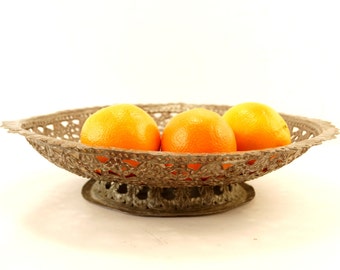 Vintage Ornate Hammered Copper Pedestal Bowl, 15" diameter (c.1970s) - Rustic Metal Bowl, Large Fruit Bowl