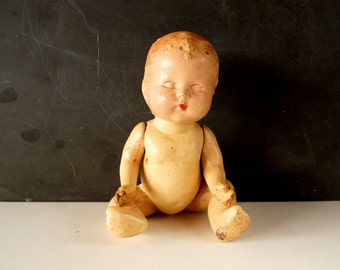 Vintage / Antique Composition Baby Doll with Molded Hair and Jointed Arms and Legs (9 inches) N5 - Collectible, Doll Parts