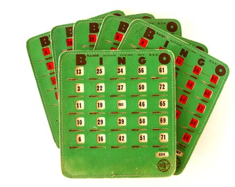 Vintage BINGO Board Cards in Green with See-Thru Red Shutters, PLA-MOR, Set of 6 (1950s) N2 - Game Room Decor, Collectible, Altered Art