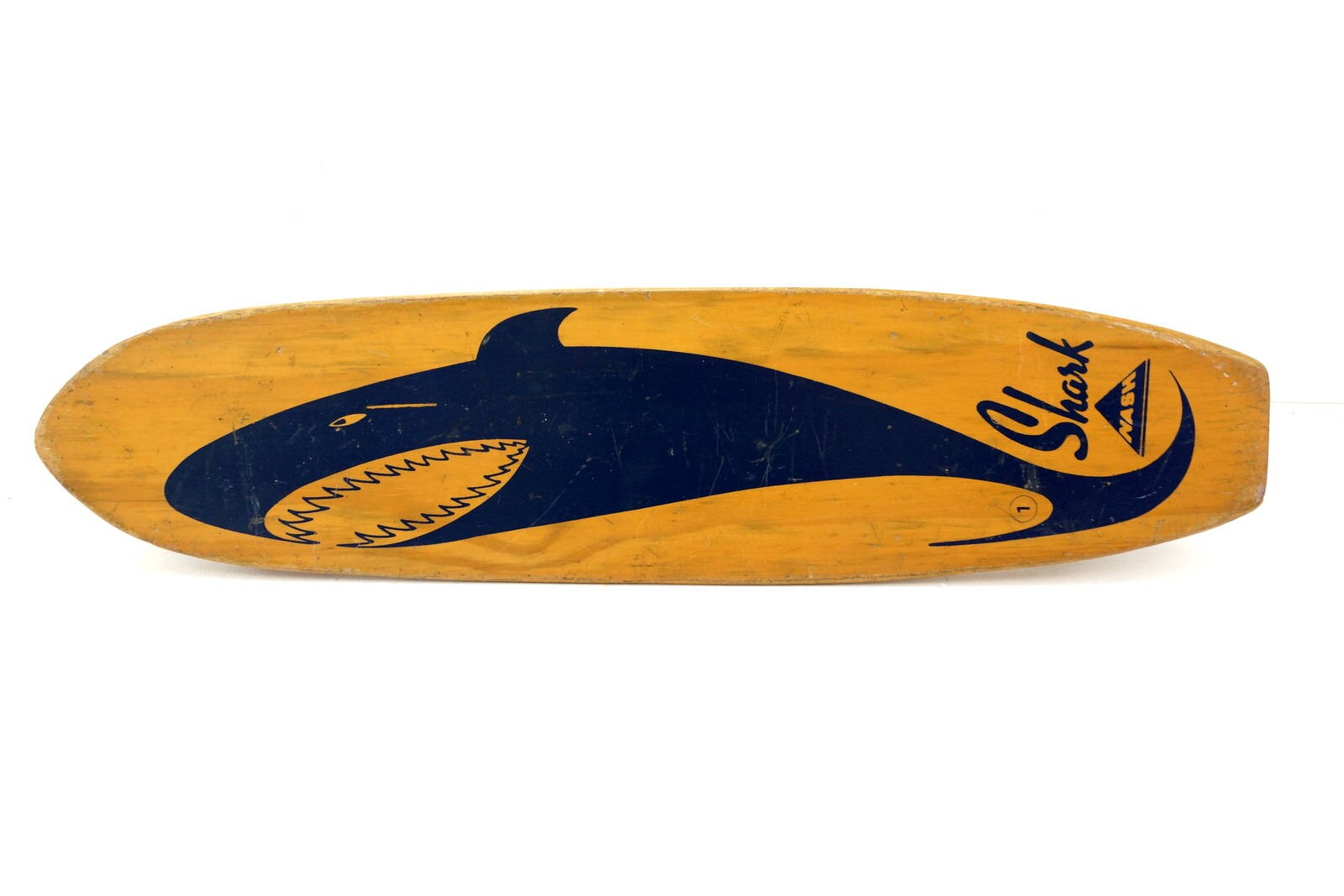 Vintage Nash Shark Skateboard in Wood With Dark Blue Shark