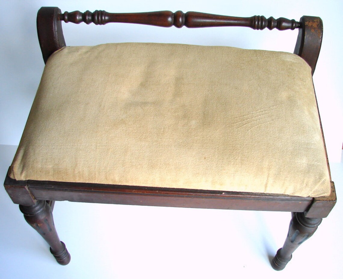 Vintage / Antique Wood Upholstered Vanity Stool / Bench Etsy