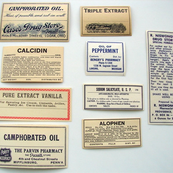 RESERVED FOR SUE --- Vintage Medicine Bottle / Pharmacy Labels from the 1920s