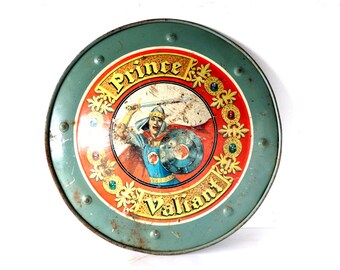 Vintage "Prince Valiant" Metal Shield, Tin Lithograph by Mattel (c.1950s) - Collectible Toy Shield, Family or Play Room Decor