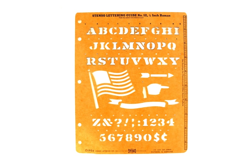 c.1956 Collectible Stencil - 12 Roman Letters and Numbers Sign Lettering Guide Vintage STENSO Stencil Set No.12 in Original Package