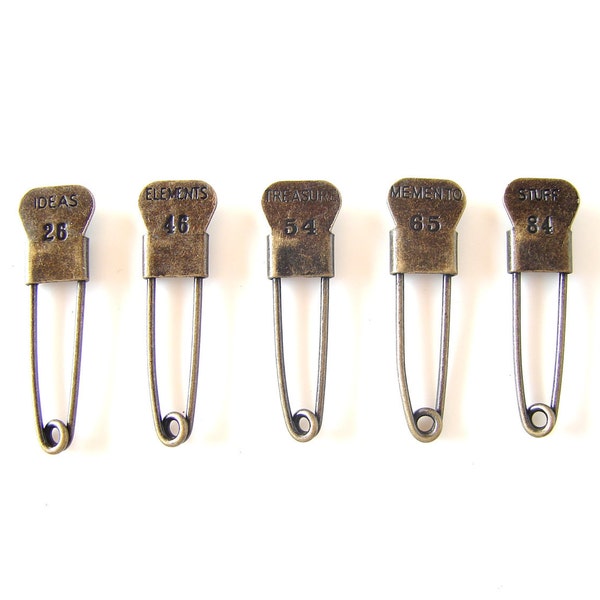 Metal Laundry Pin Style Trinket Pins in Antique Brass Finish (Set of 5) - Use for paper projects, cards, altered art, and more