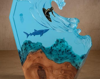 Handcrafted Resin and Wood Wave Sculpture with Surfer