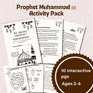 May include: A Prophet Muhammad activity pack for children ages 2-6, featuring multiple black and white printed pages with illustrations of mosques, lanterns, and educational text. The pack includes interactive worksheets, coloring pages, and a star chart.