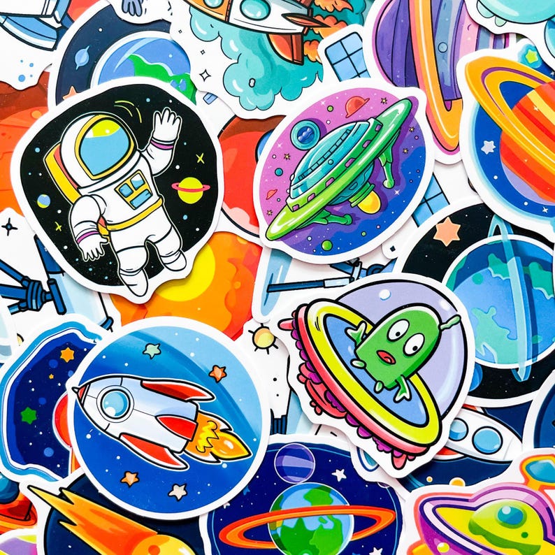 50 Random Cartoon Space Stickers for Kids, Alien Rocket Stickers ...