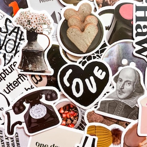 May include: A collection of various stickers with diverse designs. Notable stickers include a black rotary phone, a heart with the word "LOVE", a vase of flowers, and heart-shaped bread slices. Other stickers feature text and illustrations.