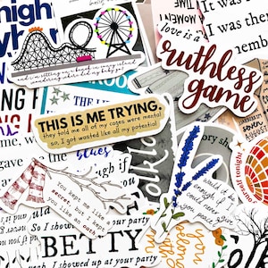 May include: A collection of various stickers with white borders. The stickers feature text, illustrations of a roller coaster, a Ferris wheel, and floral designs. One sticker reads "THIS IS ME TRYING."