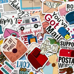 May include: A collection of colorful stickers with postal themes. Designs include mailboxes, envelopes, mail trucks, and phrases like "You've Got Mail" and "Thank You!" The stickers feature various fonts and illustrations, perfect for scrapbooking or decorating.