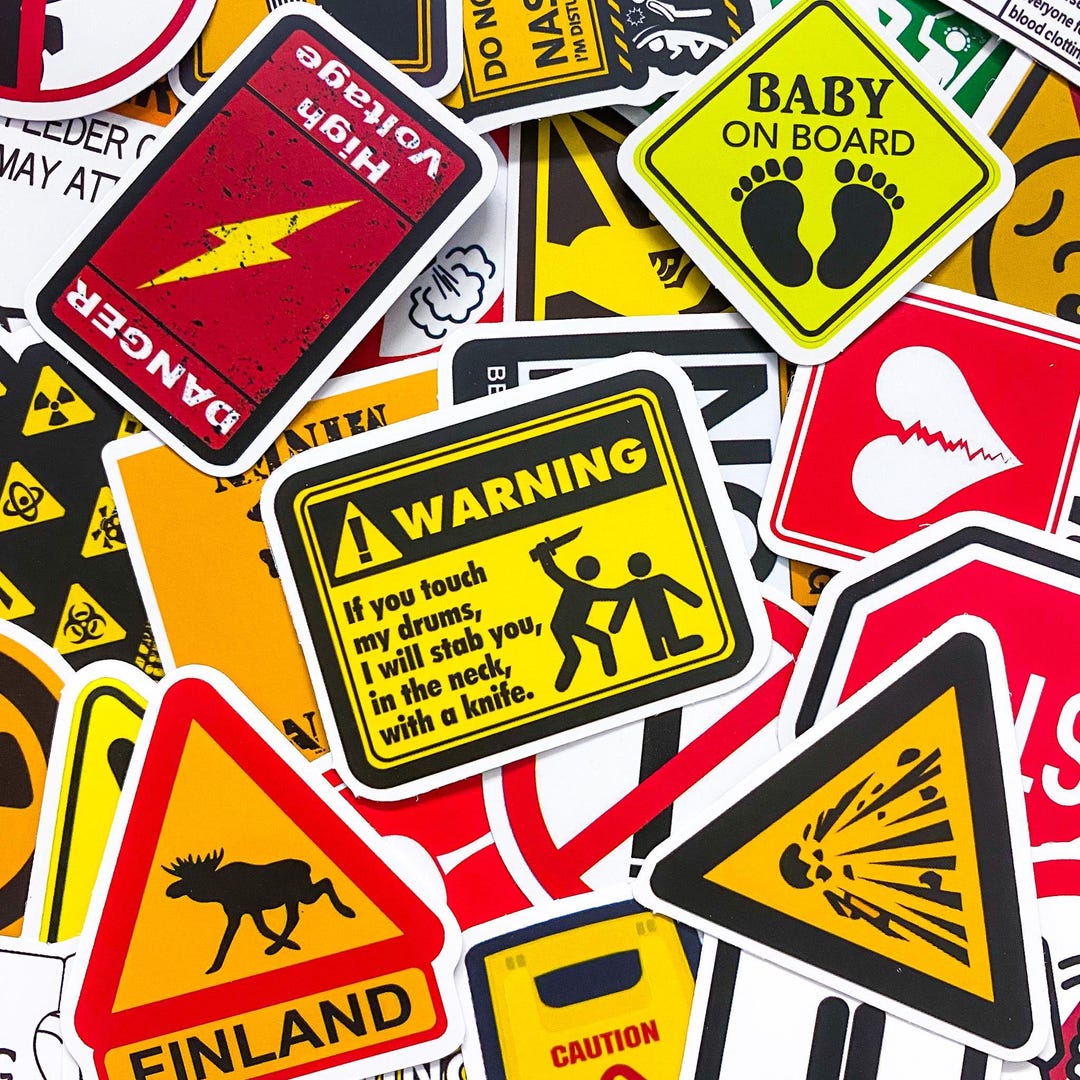 50 Random Warning Sign Stickers Pack, Funny Caution Stickers, Hazard ...