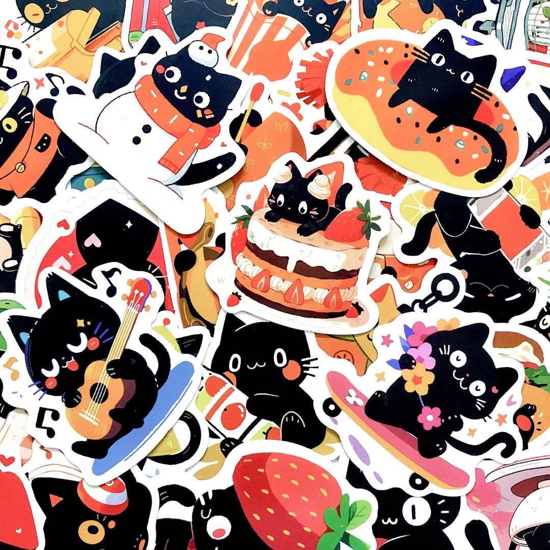 50 Random Cute Black Cat Stickers, Cartoon Cat Stickers Pack, Kawaii ...