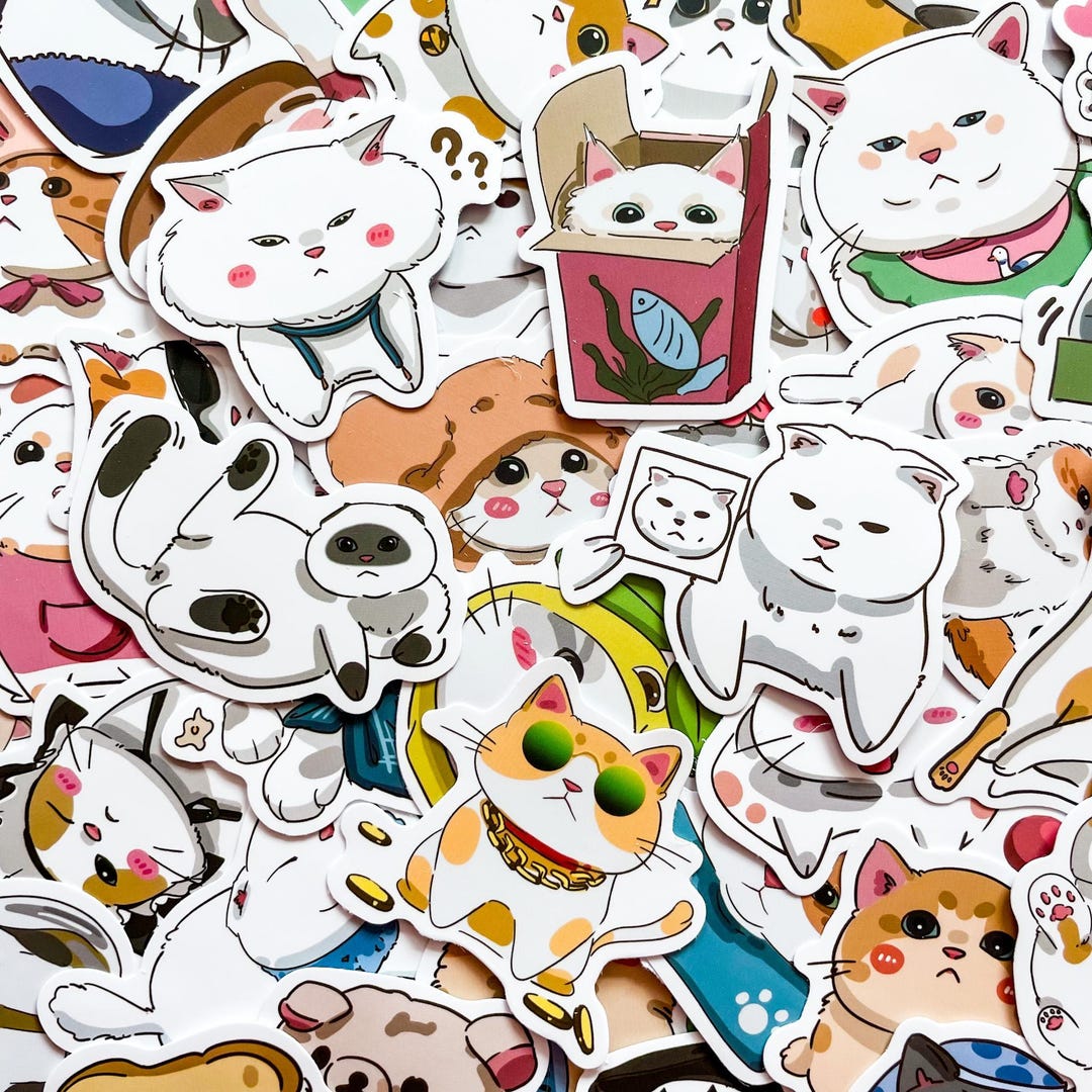 Sticker Cat. Random 50 Random Cartoon Cat Stickers Pack, White Cat Stickers, Kawaii Animal ...