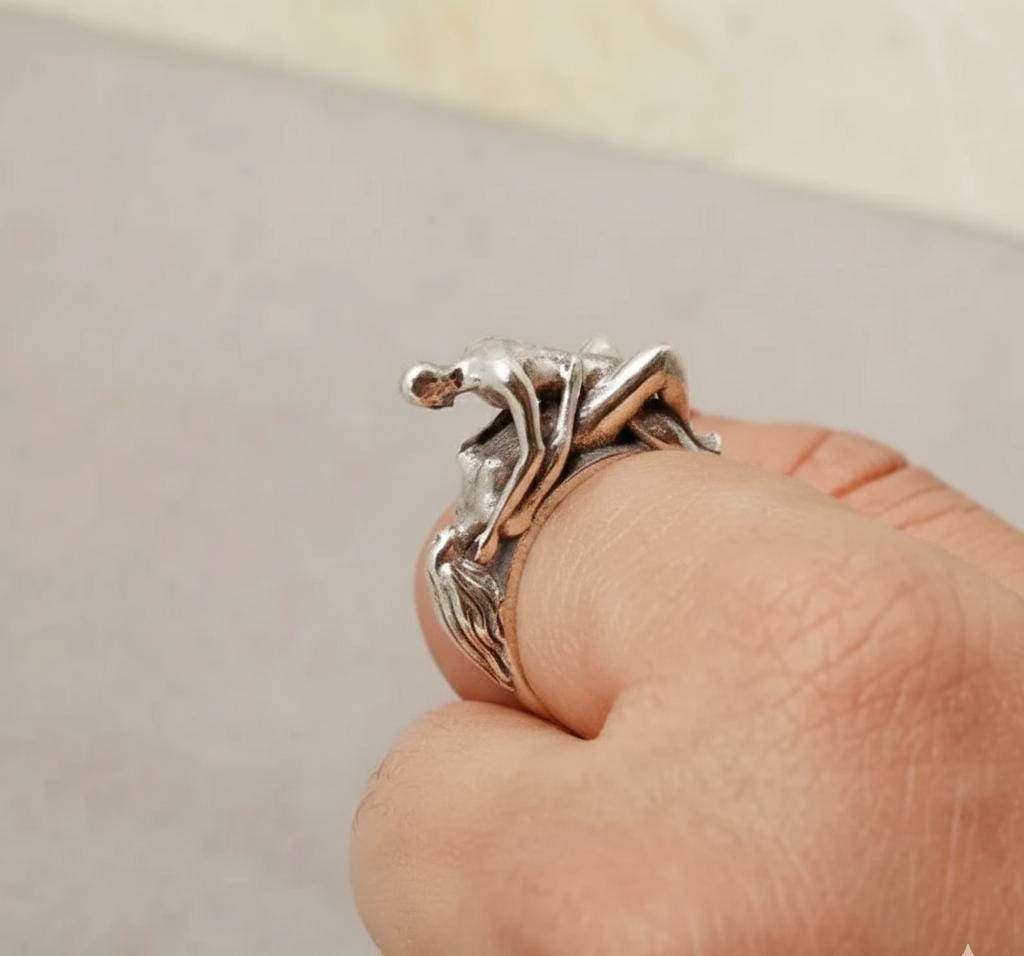 Abstract Embrace Silver Ring – Sculptural Human Figure Art Ring