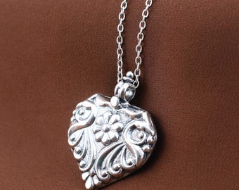 Sterling Silver Floral Heart Pendant Necklace, Statement Jewelry