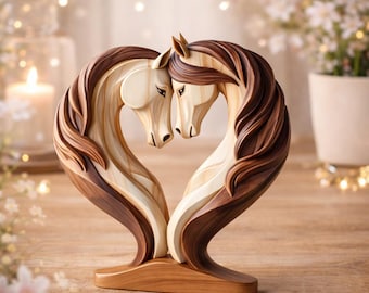 Figura de caballo de madera hecha a mano / Estatua de caballo 2D / Escultura decorativa de animal / Adorno rústico de escritorio para el hogar