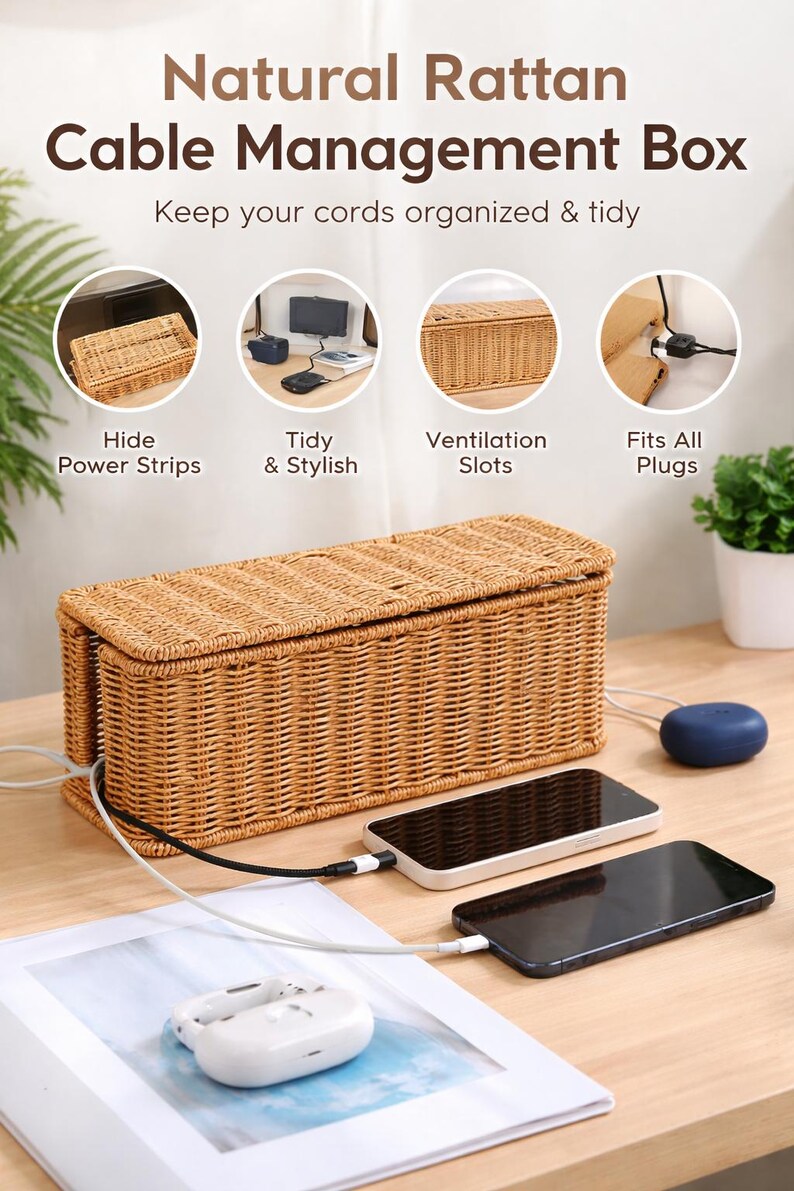 Handwoven Rattan Cable Management Box With Lid, Rustic Electrical Cord ...