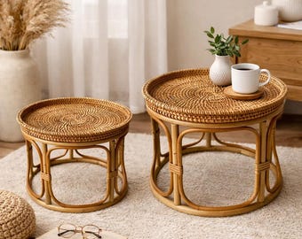 Round Rattan Side Table: Boho Vintage Plant Stand, Nightstand, Coffee Table