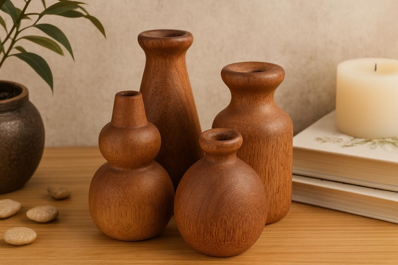 May include: Four wooden vases of varying shapes and sizes are arranged on a wooden surface. The vases are a warm brown color, with a natural wood grain visible. A candle and books are in the background, suggesting a decorative theme.