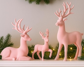 Figuras de reno rosa: decoración navideña de resina flocada, juego de 3