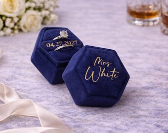 Personalized Hexagon Velvet Wedding Ring Box, Custom Engraved Name Date Ring Holder, Engagement Bridal Jewelry Storage Box