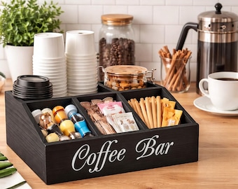 Wooden Coffee Bar Organizer, Multi-Compartment Countertop Storage Bin