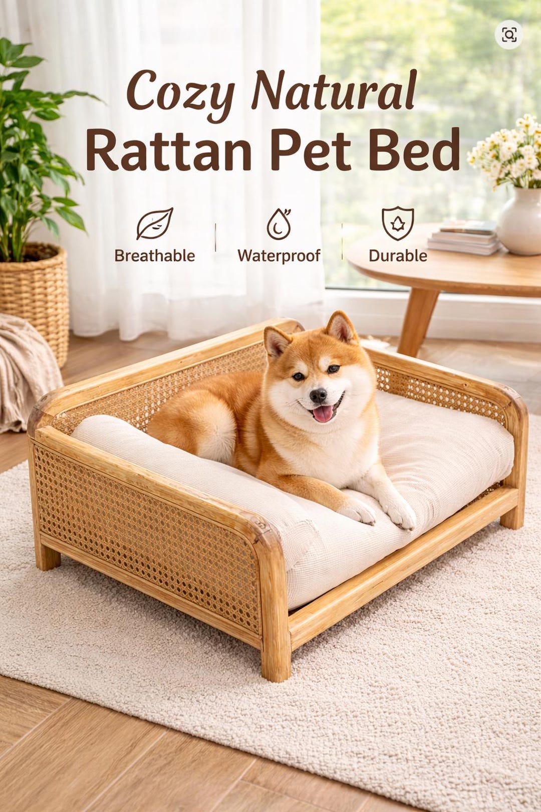 Solid Wood Rattan Pet Bed Sofa, Modern Cat Couch, Small Dog Furniture ...
