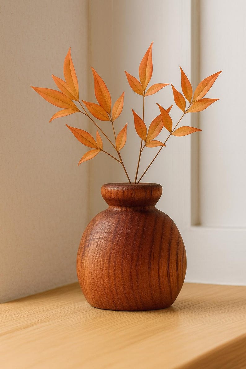 May include: A small, round wooden vase with a narrow neck holds several sprigs of orange leaves. The vase is made of a dark, reddish-brown wood and sits on a light-colored wooden surface. The leaves have a vibrant orange hue.
