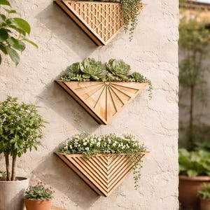 Geometric Wooden Wall Planter: Modern Triangle Succulent Herb Holder (Indoor/Outdoor)