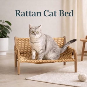 May include: A grey tabby cat sits on a rattan cat bed. The bed has a woven design and wooden frame. The text "Rattan Cat Bed" is displayed above the cat. A small white ball is on the floor.