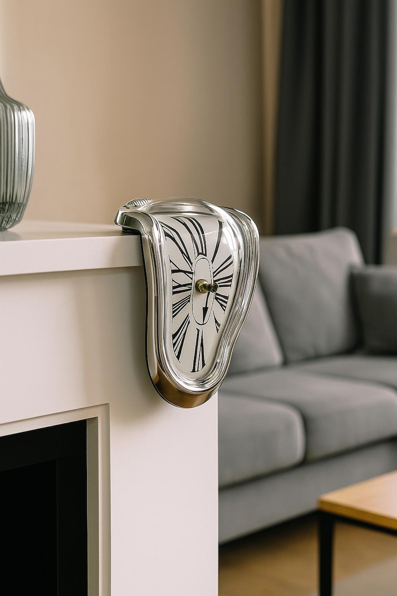 Melting Wall Clock Surrealist Shelf Mantel Clock, Art Inspired Decor