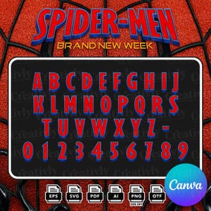 Pode incluir: Um conjunto digital de letras e números com caracteres vermelhos, contornos azuis e efeito 3D. O texto SPIDER-MEN BRAND NEW WEEK aparece no topo. Abaixo, as letras de A a Z e os números de 0 a 9 são exibidos em um fundo preto.