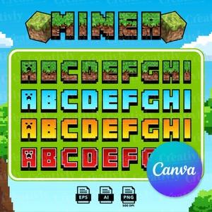 Può includere: Grafica digitale con la parola "MINECRAFT" in stile pixelato, ogni lettera che assomiglia a un blocco di terra ed erba. Sotto, un rettangolo verde mostra l'alfabeto in vari schemi di colore, tra cui blu, arancione e rosso. Il logo Canva è visibile.