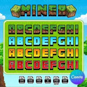 Peut inclure: Un ensemble d'alphabet numérique présentant des lettres pixélisées de A à I dans quatre styles distincts : texture bloc d'herbe, bleu clair uni, dégradé jaune-orange uni et rouge uni. Le mot MINER est affiché en haut en police bloc d'herbe.