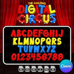 May include: A digital graphic featuring the text THE AMAZING DIGITAL CIRCUS in red, yellow, and blue 3D bubble letters. Below, the alphabet from A to Z and numbers 0 to 9 are displayed in red, yellow, and blue block fonts on a black background.