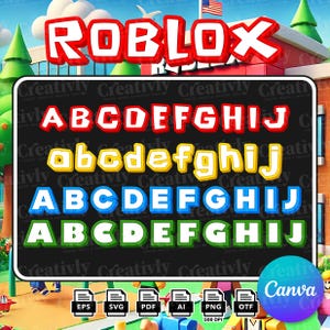 May include: A digital graphic featuring the Roblox logo in red and white at the top. Below, four rows of the alphabet from A to J are displayed in different colors: red, yellow, blue, and green. Each letter has a thick, blocky, 3D-style font.