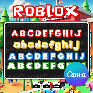 May include: A digital graphic set featuring the Roblox logo in red and white, followed by four rows of alphabet letters A through J in red, yellow, blue, and green. The image includes file format icons for EPS, AI, and PNG, plus a Canva logo circle.