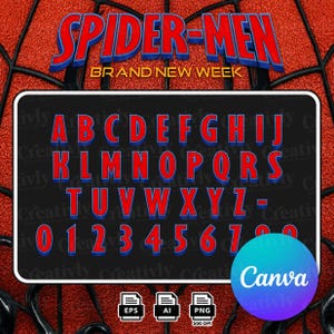 Förfärgat Web Hero-typsnitt, Canva-klart spindelalfabet EPS, serietidningsbokstäver png ai, superhjältefestdekor, actiontypsnitt