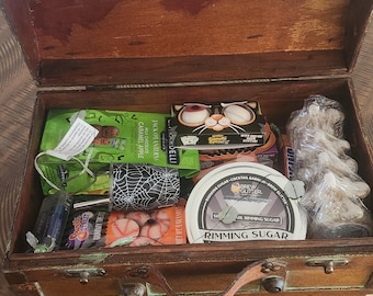 Halloween Mystery Candy Chest – Wooden Gothic Box with Spooky Snacks, Candle & Collectible Décor