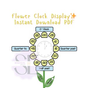 May include: A white educational graphic with a flower clock display. The clock face is surrounded by numbers and labels like "Quarter to" and "Half past." Text at the top reads "Flower Clock Display Instant Download PDF."