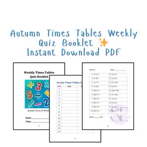 Könnte beinhalten: Ein wöchentliches Quizheft für das kleine Einmaleins mit dem Text "Autumn Times Tables Weekly Quiz Booklet Instant Download PDF". Das Heft enthält Matheaufgaben und Platz für Namen und Klasse der Schüler. Das Cover zeigt bunte Mathe-Symbole.