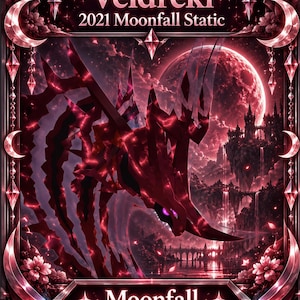May include: A digital illustration titled Veidreki 2021 Moonfall Static featuring a sharp, crystalline red dragon-like creature centred within an ornate frame. The background displays a large red moon, floating castles, and waterfalls. The text reads Moonfall.