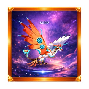 Può includere: Illustrazione digitale di una creatura mitica chiamata KERU, ambientata su uno sfondo cosmico. La creatura presenta ali arancioni e blu, un corpo bianco e una lunga coda ornata. L'opera è incorniciata in oro.