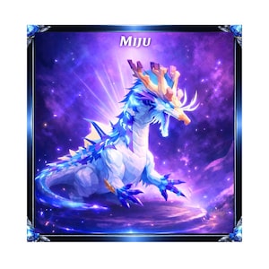 May include: A fantasy illustration of a dragon with blue and white scales, gold accents, and a crown. The dragon is set against a purple and blue nebula background. The word "Miju" is at the top of the image.