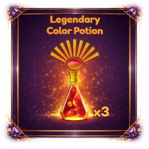 May include: A digital illustration of a Legendary Color Potion. The potion is in a gold-colored bottle with red and yellow liquid inside. The image has a purple background with gold accents and the text "Legendary Color Potion". The image shows three potions.