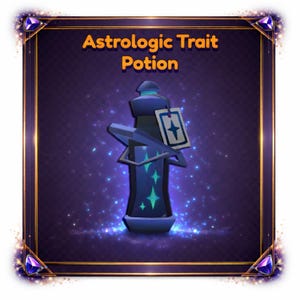 May include: A dark blue potion bottle with the text "Astrologic Trait Potion" in gold. The bottle has a tag with a star symbol and is decorated with teal stars. The background is a dark purple with sparkling effects.