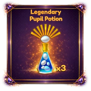 May include: A digital illustration of a purple-bordered card featuring a potion bottle labeled "Legendary Pupil Potion." The bottle is blue with white floating shapes and a gold top. The card has a gold sunburst design and the text "x3."