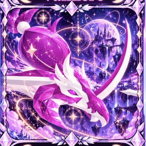 May include: A rectangular card featuring the text Valkiero at the top and Astrologic Aura at the bottom. The centre displays a faceted purple and white dragon-like creature against a backdrop of floating islands, stars, and a large moon.