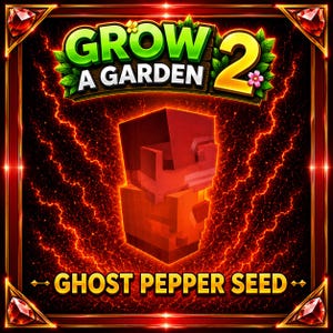 Può includere: Una grafica digitale per Grow A Garden 2 che presenta un seme di peperoncino fantasma in stile voxel, rosso e arancione, centrato su uno sfondo scuro con effetti di fulmini rossi. Il testo recita Grow A Garden 2 e Ghost Pepper Seed.